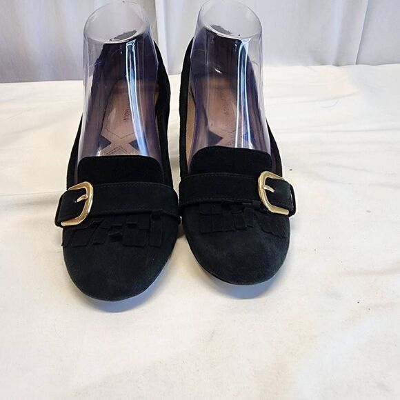 Adrienne Vittadini Black Suede Ginty Pumps Size 7.5 Block Heel Loafer Buckle - Picture 6 of 11
